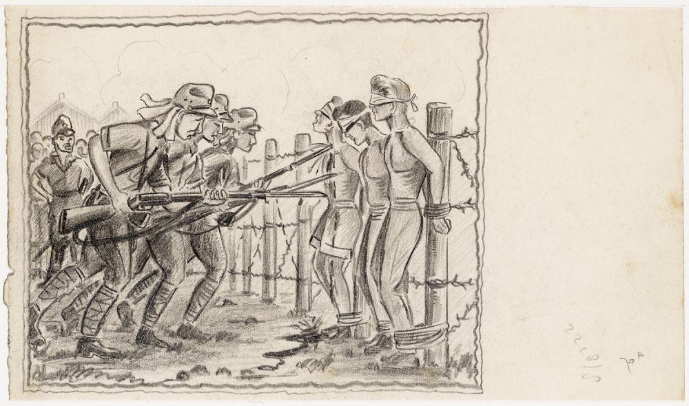 Tekening van een aantal geblinddoekte gevangene die door bajonetsteken om het leven worden gebracht.