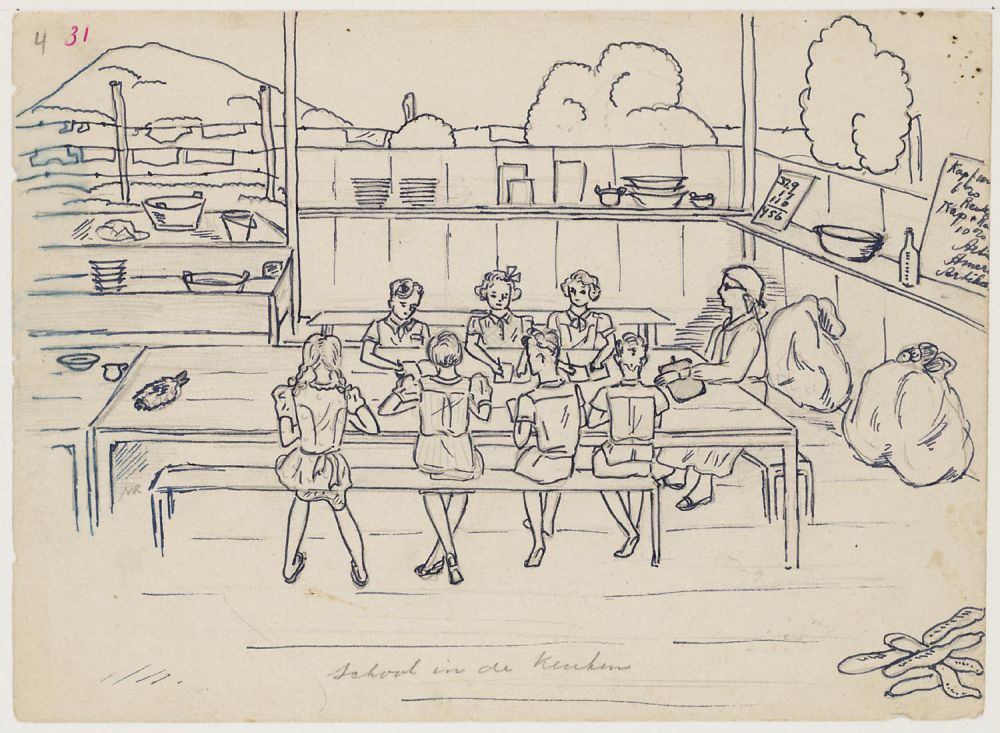 Kinderen en een lerares zittend rond een tafel in de kampkeuken