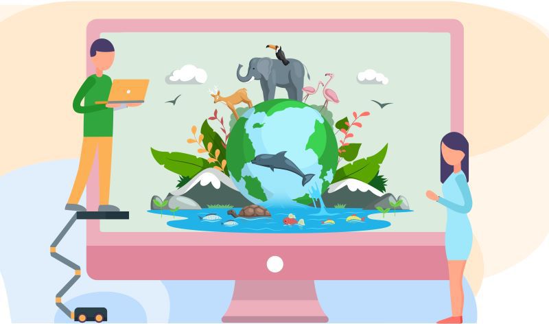Stockafbeelding: cartoon van een wereldbol met dieren erop op een computerscherm
