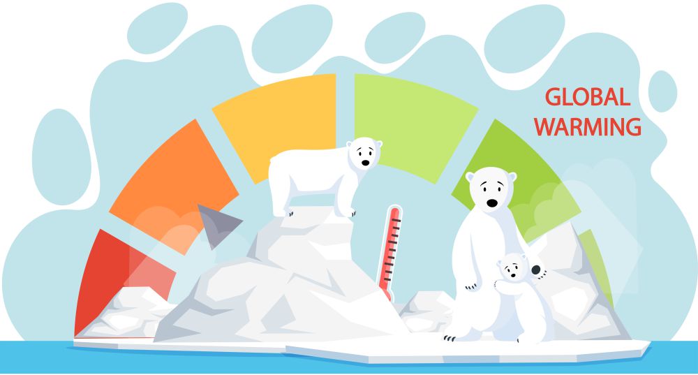 IJsberen met thermometer die een hoge temperatuur aangeeft